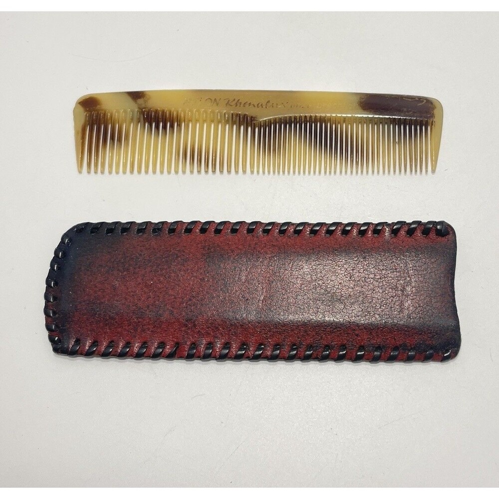 Vtg NYLON Rhenalux Faux Tortoiseshell Pocket Comb Stitched Leather Case 4.75"